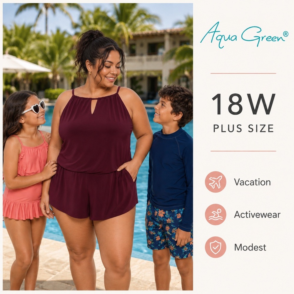 Aqua Green Swim Romper Women 18W Burgundy Blouson Pockets Modest Vacation Resort